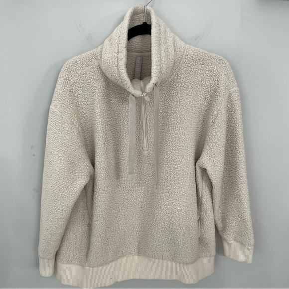 Athleta Talus Sherpa Half Zip Pullover Sweatshirt Teddy Fleece Jacket L Cream 15 - Picture 3 of 13